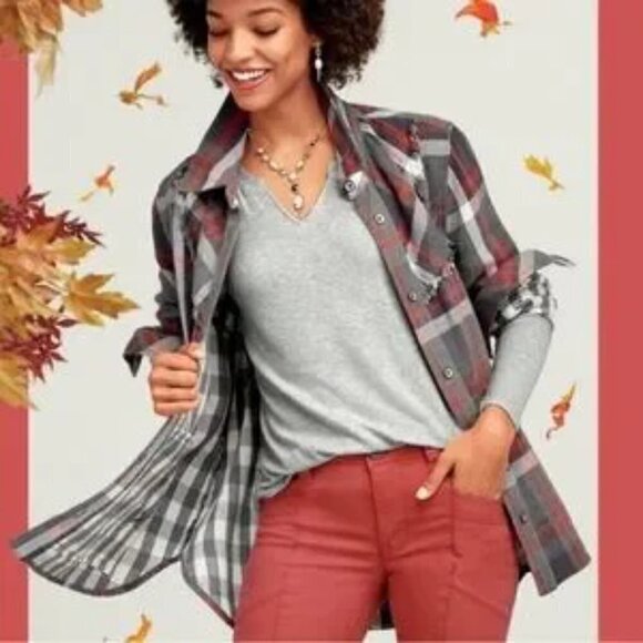 Cabi Plaid Tavern Button Up Flannel Shirt Shacket Red Gray White Plaid, size XS - Picture 1 of 13